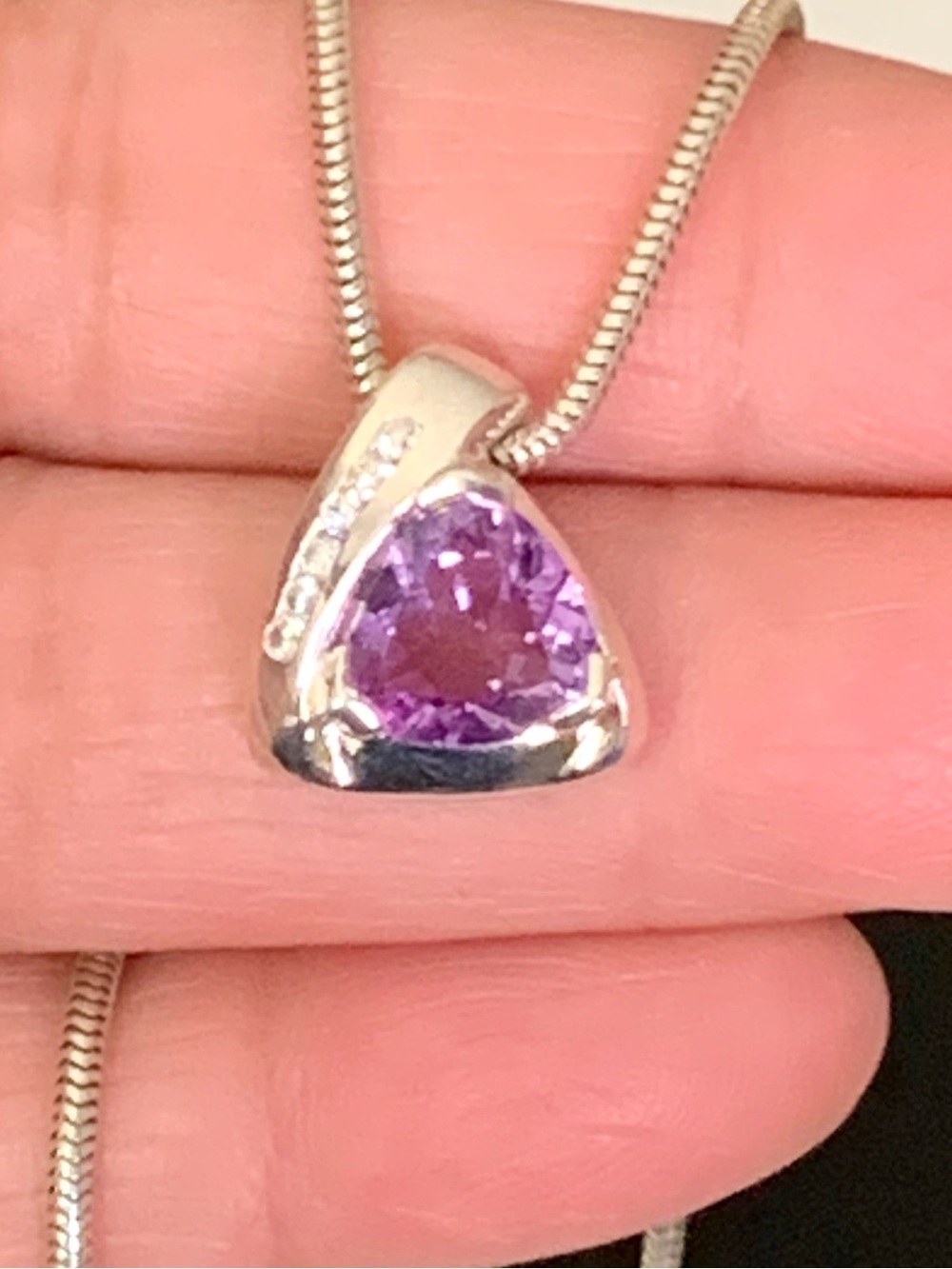 Stunning 925 Sterling Silver Amethyst With Cubic Zirconia Pendant Necklace 16”